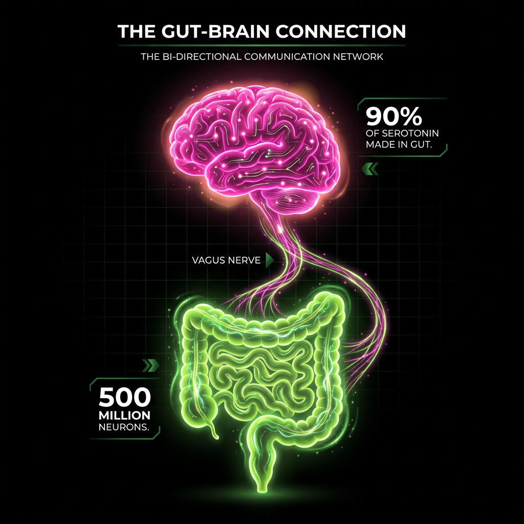 The gut-brain connection: 90% of serotonin made in gut, 500 million neurons, vagus nerve